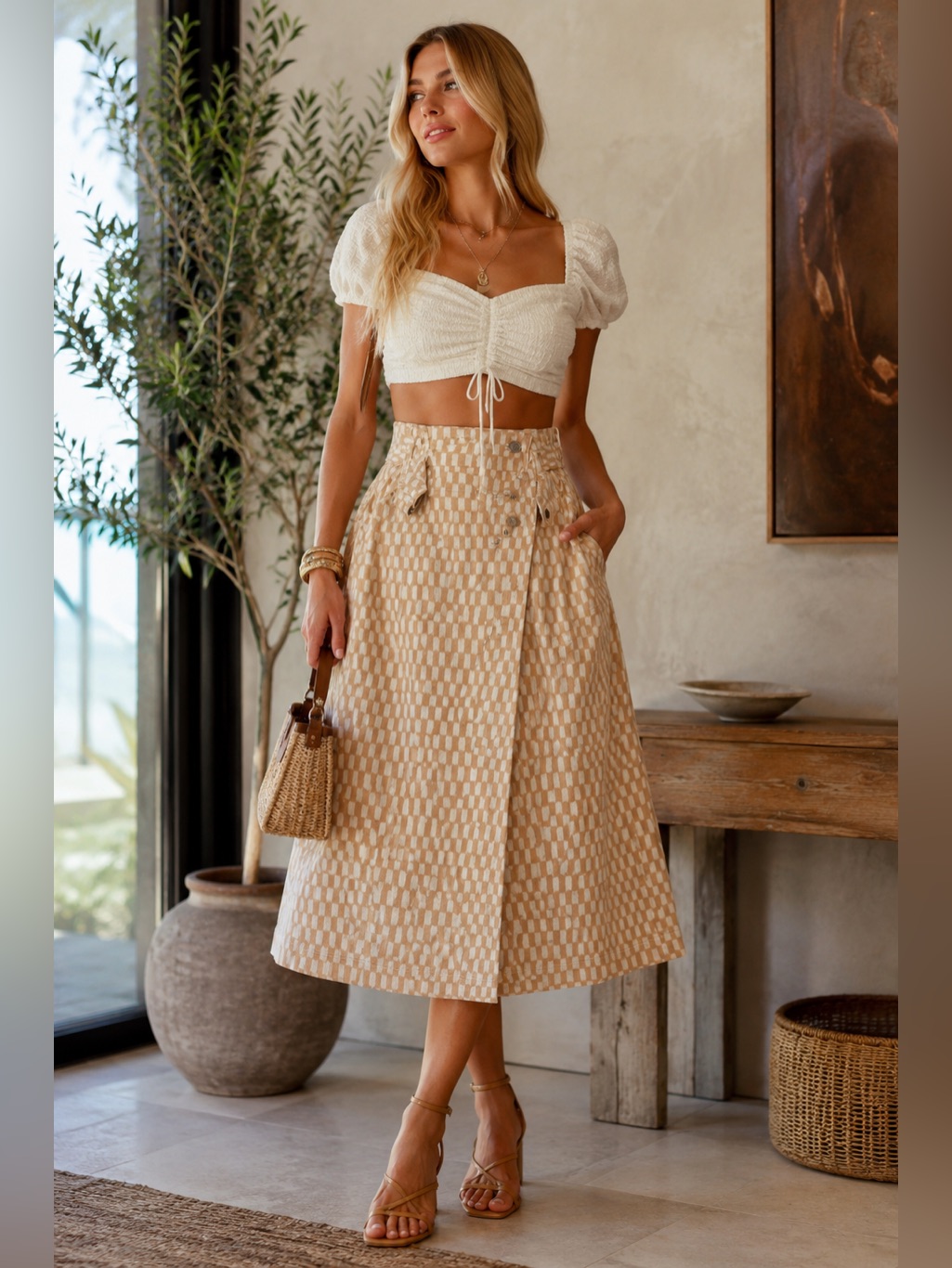 Beige Patterned A-Line Midi Skirt By Ulla Johnson Size 4